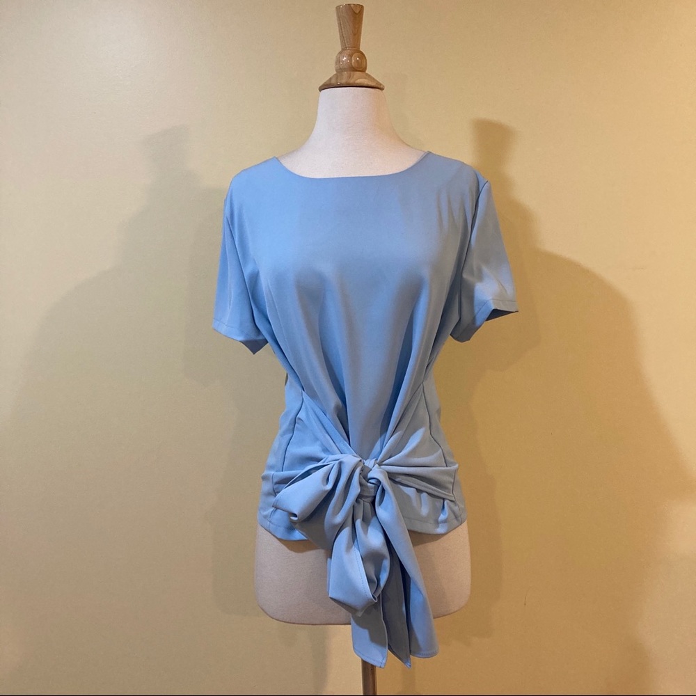 Tie Front Short Sleeve Cropped Blouse Baby Blue - Picture 6 of 9